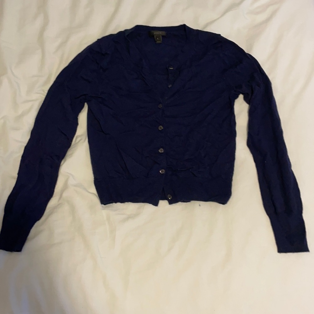 navy j crew button up sweater
